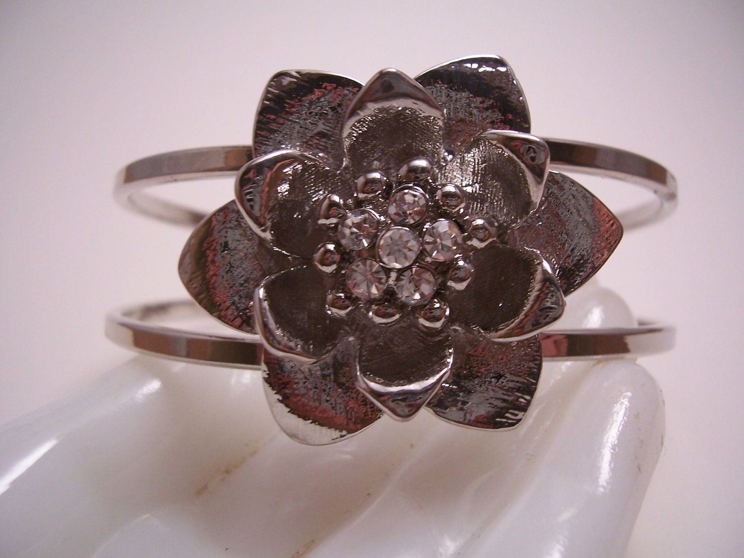 Vintage Clear Glass Rhinestone Flower Clamper Bracelet