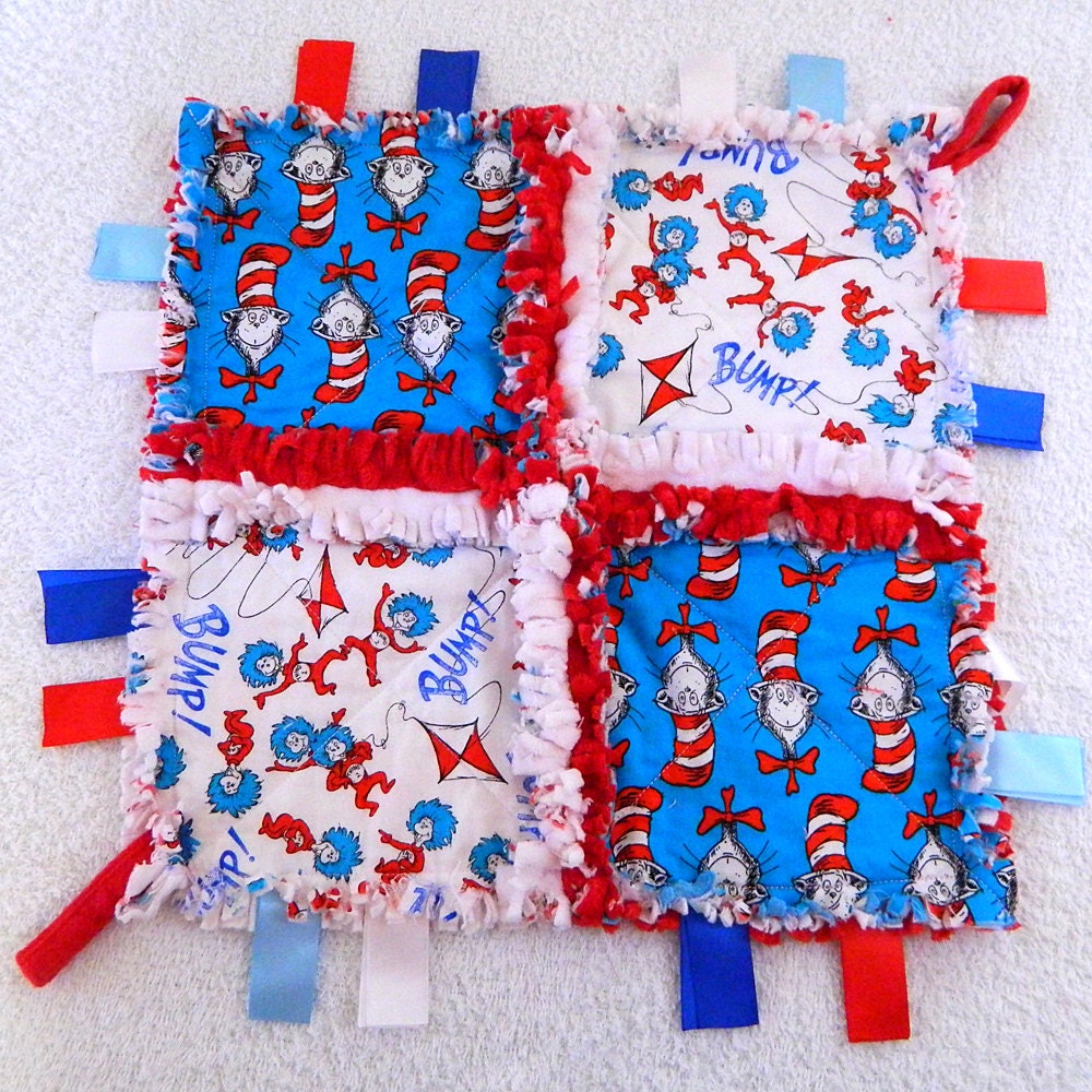 Cat in the Hat Ribbon Rag Baby Quilt with minky - Red, Blue, & White