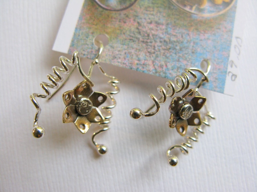 Sale - Small sterling silver branch and flower drop earrings - handmade nature jewelry - simple everyday drop earrings