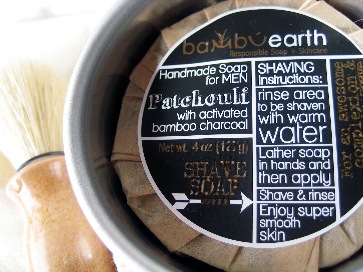 Shaving Soap Kit Set for Men : Patchouli Soap Black Shave Soap for Men with Bamboo Activated Charcoal Shaving Bowl and FREE Brush