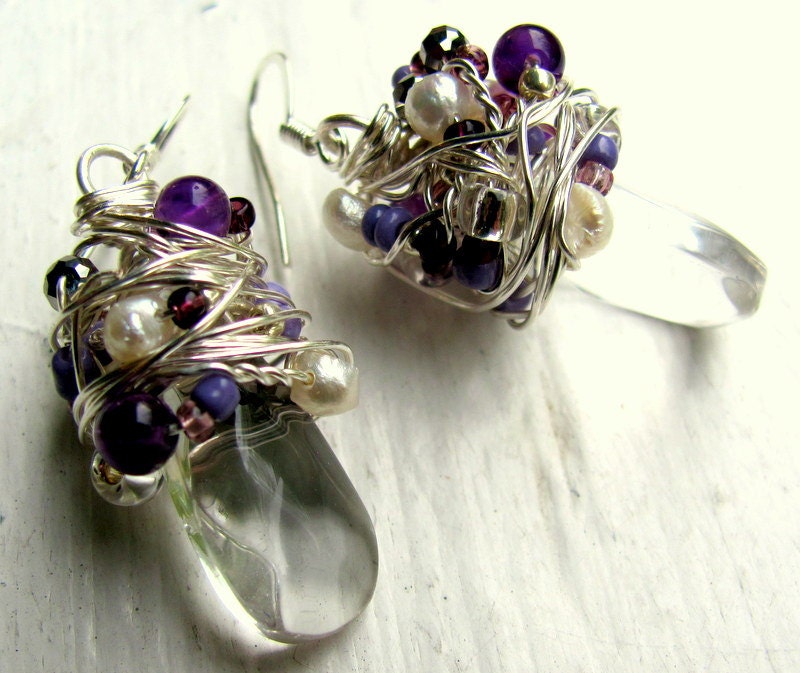 Silver and Clear crystal earrings, wire wrapped pearls, amethyst beads, seed beads