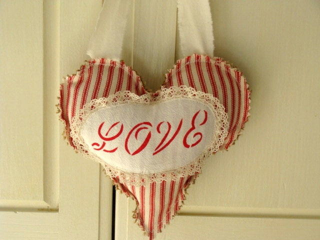 Red Stripe Ticking Hanging Heart Pillow