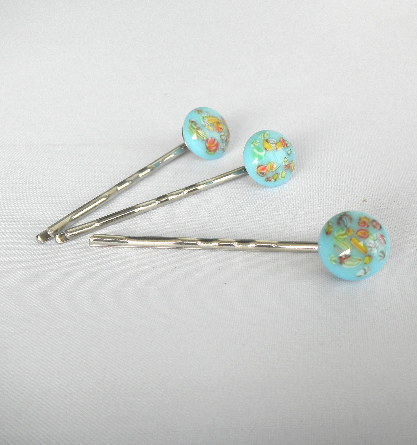 Blue Bobbypins Hairpins  Vintage Buttons Upcycled petite little flower Silver  Turquoise Shabby Chic Bride Womens Gift