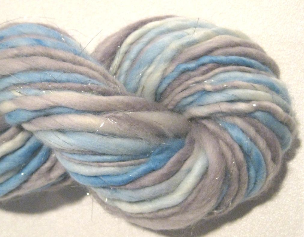 handspun yarn Silver Lining thick and thin bulky merino yarn, 38 yards, sparkly grey blue yarn, hand dyed merino wool waldorf doll hair