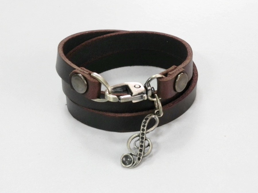 Leather Bracelet Leather Charm Bracelet Brown Color with Metal Musical Note Charm
