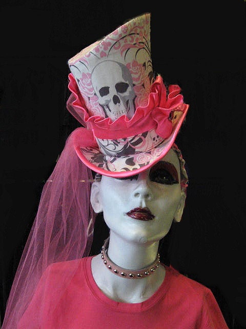 Top Hat Asymmetrical Skull Pink and White Toy Hat with Veil