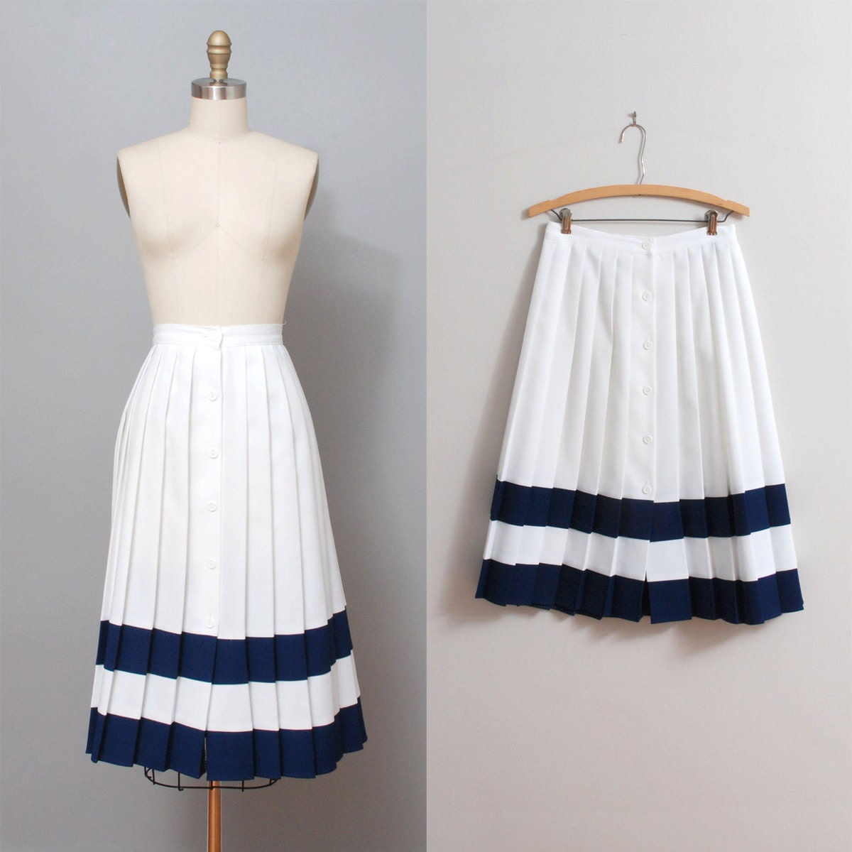 1960s Skirt - White pleated Prep Skirt with Navy Stripe
