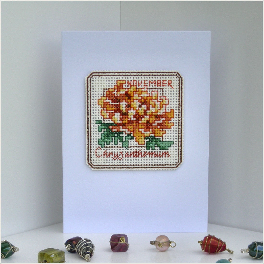 Chrysanthemum/November - Chrysanthemum November Flower of the Month Fall Autumn Yellow Handmade Cross-stitch card