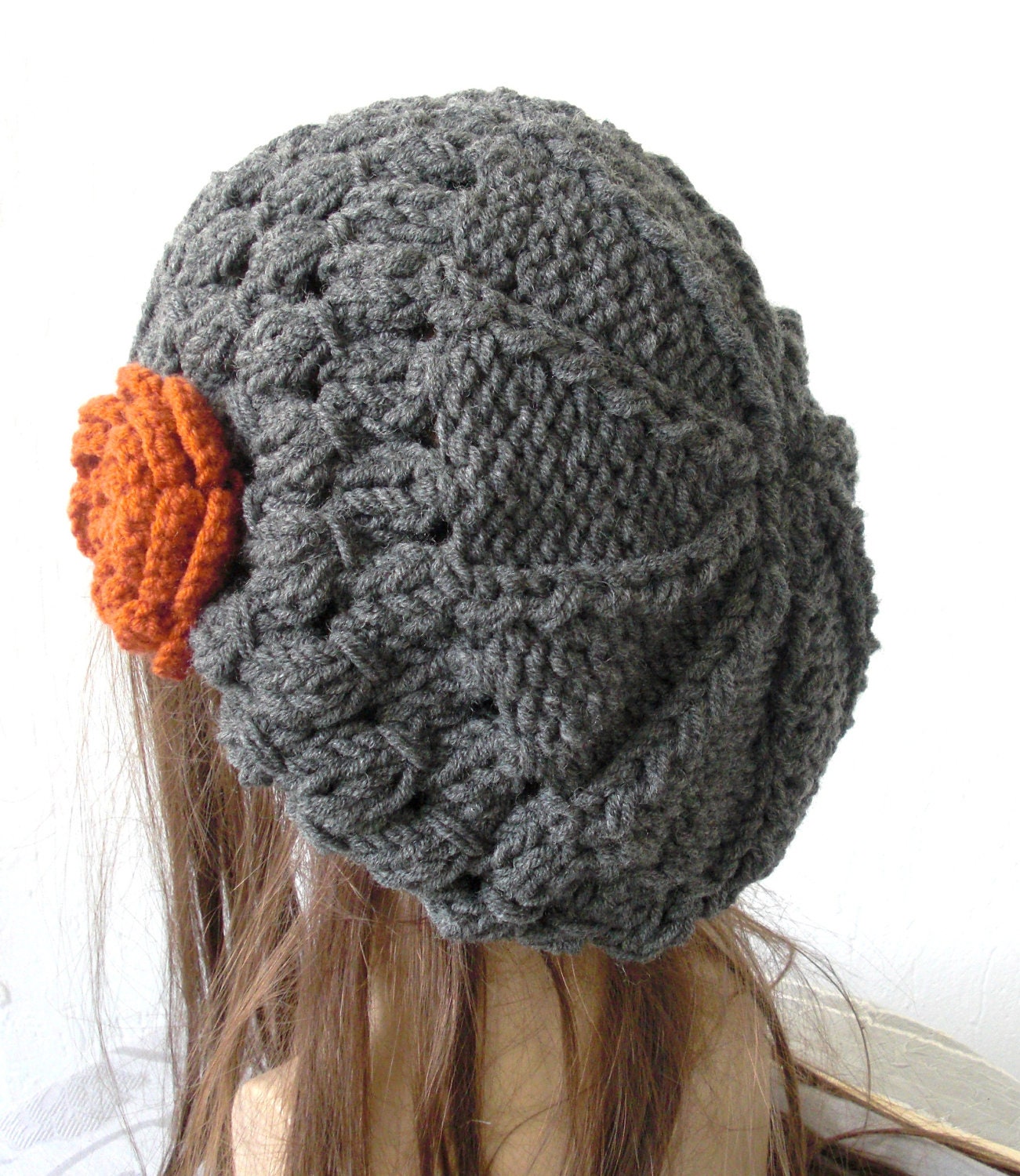 Hand Knit Womens  Hat   beret  Beanie in Charcoal Gray with  flower   Slouchy French   Beret Fall Autumn   Winter Accessories  Fashion