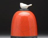 Ceramic Raku Jar, Art Pottery,Bird Jar, Lidded jar, poppy red, handmade,small urn