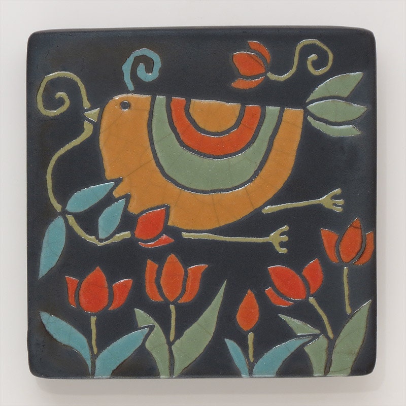 Bird,Ceramic tile, yellow,red, handmade 4x4 raku fired art tile