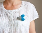 Crochet Heart Brooch - Playful Autumn Winter Jewelry - Sea Blue French  Cotton Light Grey Icelandic Wool.  - OOAK - Winter Heart