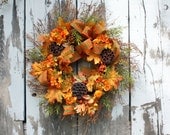 Fall Wreath, Leaves, Berries, Lotus pods, Plaid Ribbon