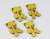 Wooden Buttons, Printed Color - Retro Yellow Teddy Bear Toys (4 in a set)