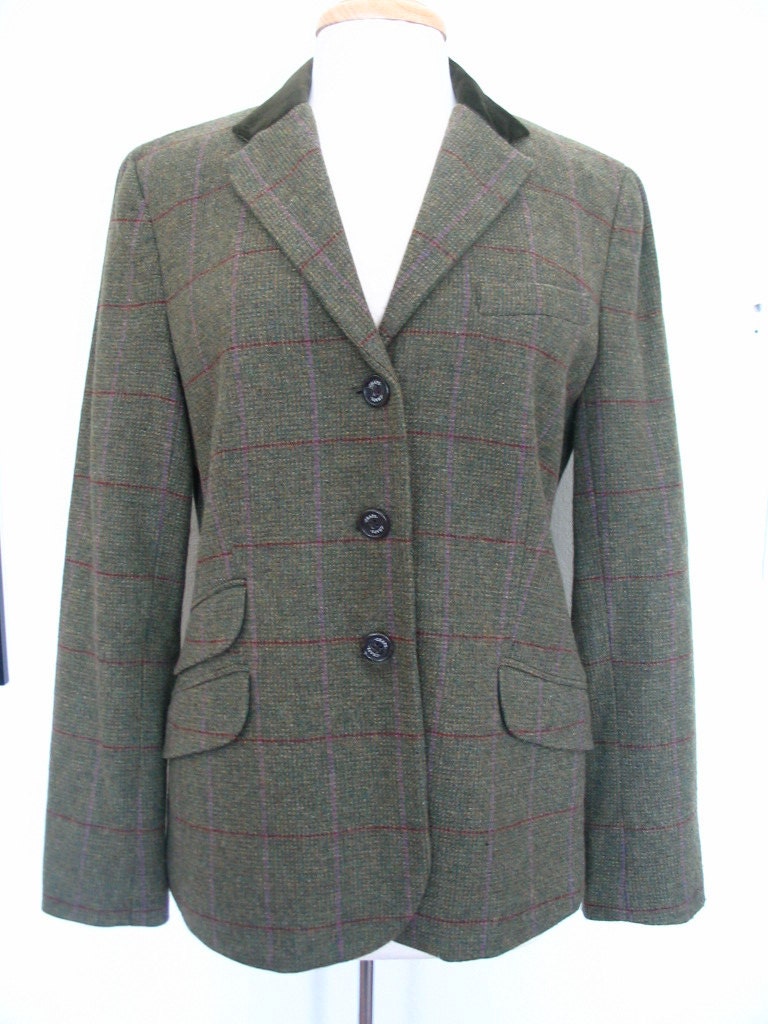 Chaps Ralph Lauren Green Wool Tweed Velvet Trim Jacket Size 12