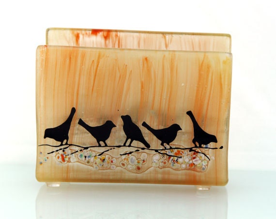 Fused Glass napkin holder ,Autumn  birds landscape (black silhouette birds on a orange tone background)