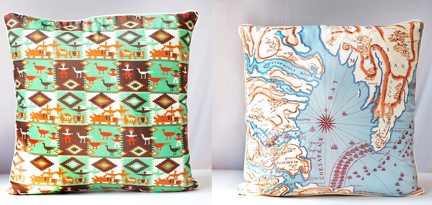 Pillow Cover Maryland & Native American, Decorative Throw Cushion, Eco Chic Upcycled 21" x 21"