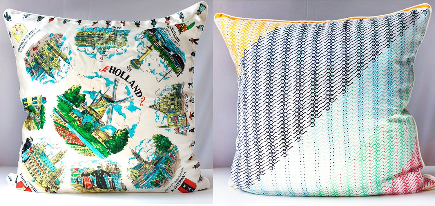 Holland Pillow Cover, Vintage Scarf,  Mod Dot Print, Decorative Cushion, Upcycled EcoChic Home Decor 23 x 23