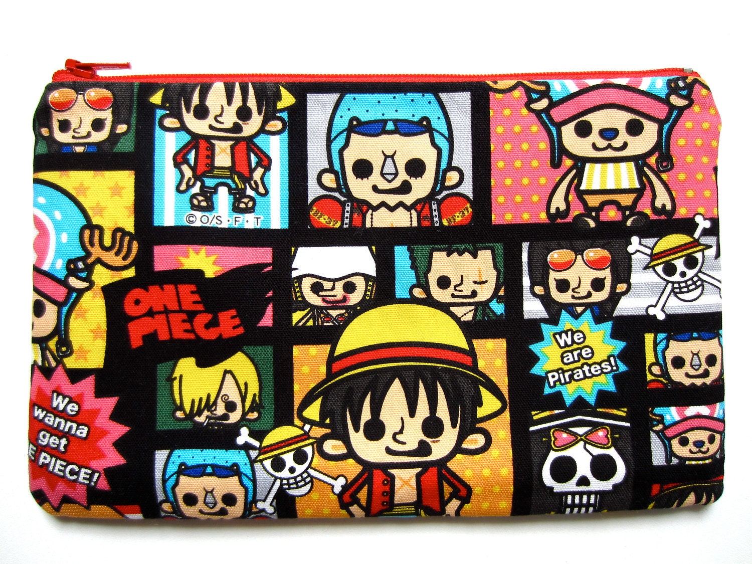 Pencil/Cosmetics Case - "One Piece" in black frame, Anime, Luffy, Nami, Chopper Zoro, Sanji, Franky, Robin, Usopp, Brook, pirate