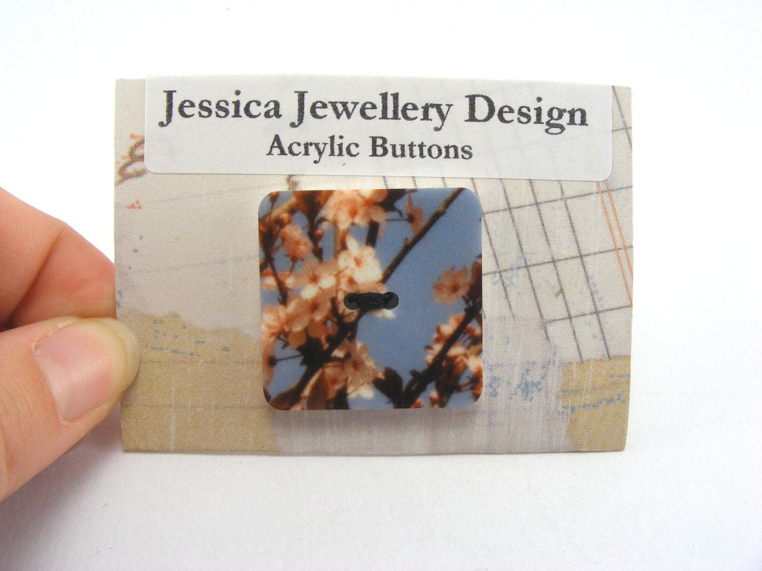 Square Acrylic Button, Country Chic Cherry Blossom Button