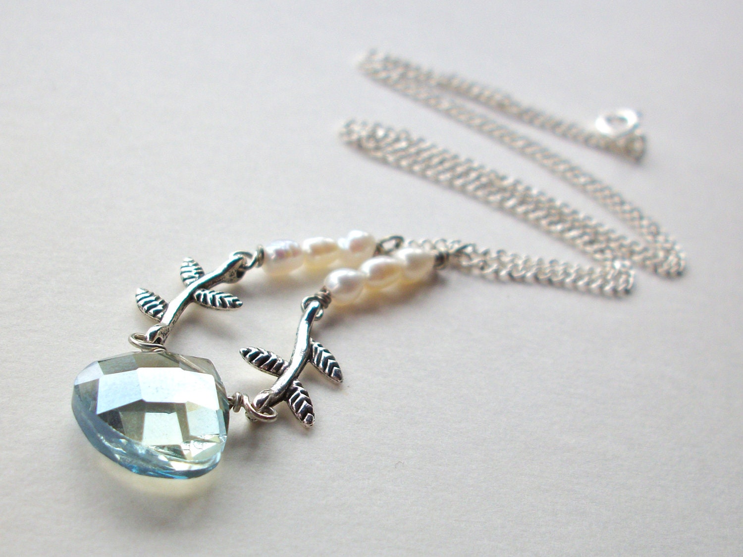 Mystic blue briolette necklace with branches crystal and white pearls on silver chain simple jewelry