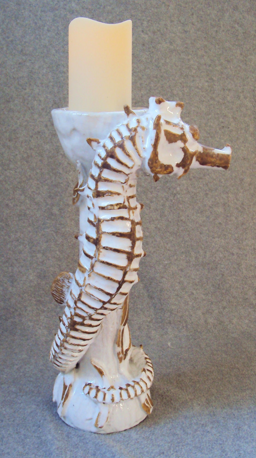 Nautical Ceramic Seahorse Candlestick by Shayne Greco Beautiful Shabby Chic Mediterranean Sculpture Pottery