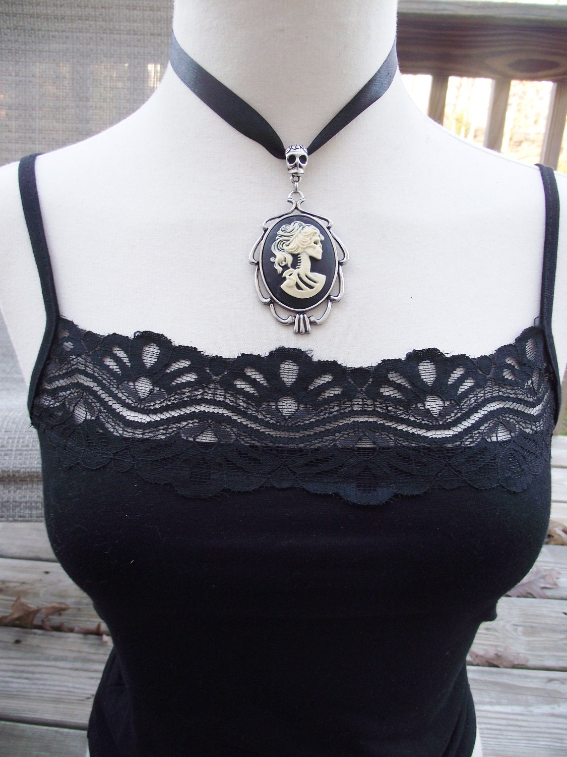BACK in Stock - Lady of the Night - EXCLUSIVE DESIGN - Skull Bail Belle Morte Custom Choker Ribbon Necklace