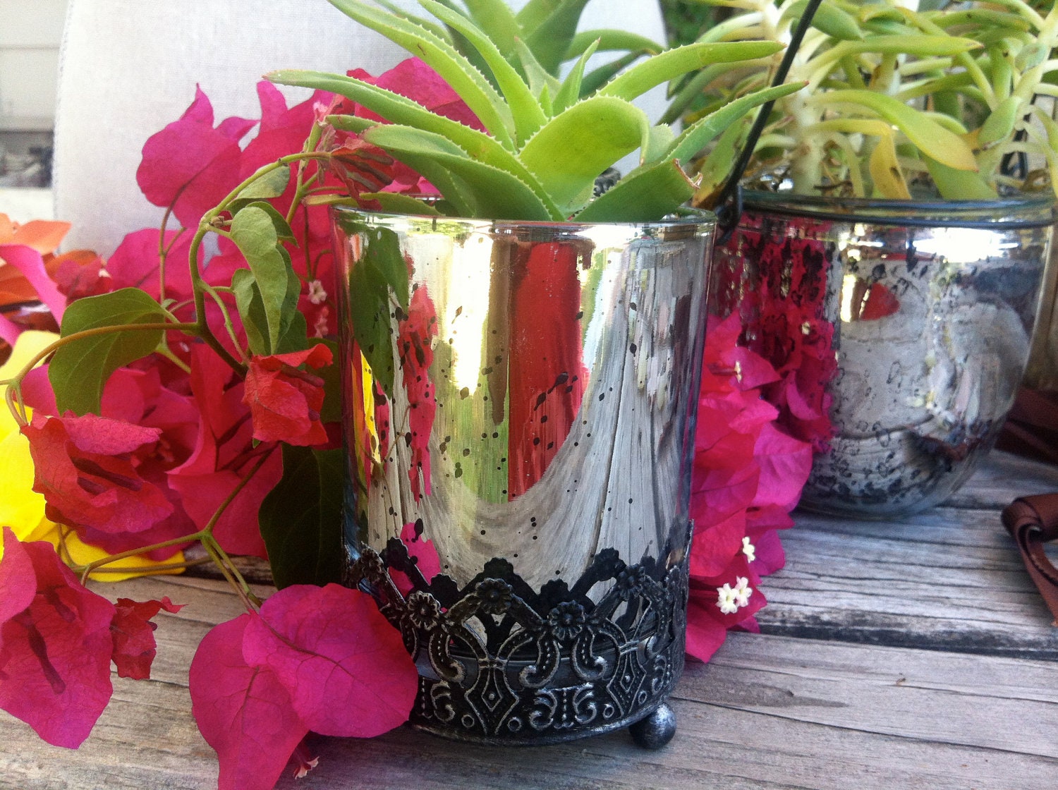 Planted Succulent in Aged Mercury Glass Votive with Iron Scrollwork Accent