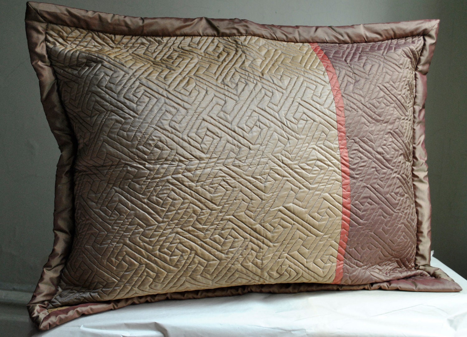 Modern GREeK KEY Embroidered Silk Standard Pillow Sham Set -BRONZE/SAND