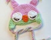 Pink and Green Owl Baby Hat, Sleepy Owl Toddler  Hat, 100% Cotton