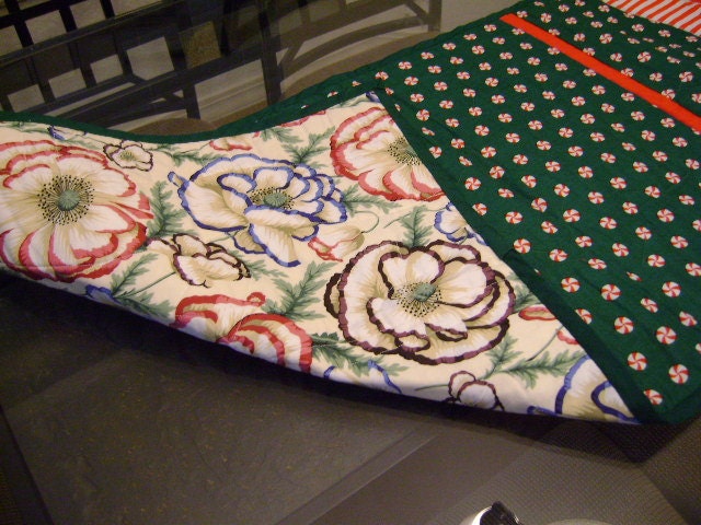 Peppermint Christmas Candy Striped  Summer Flowers Reversible Table Runner Topper