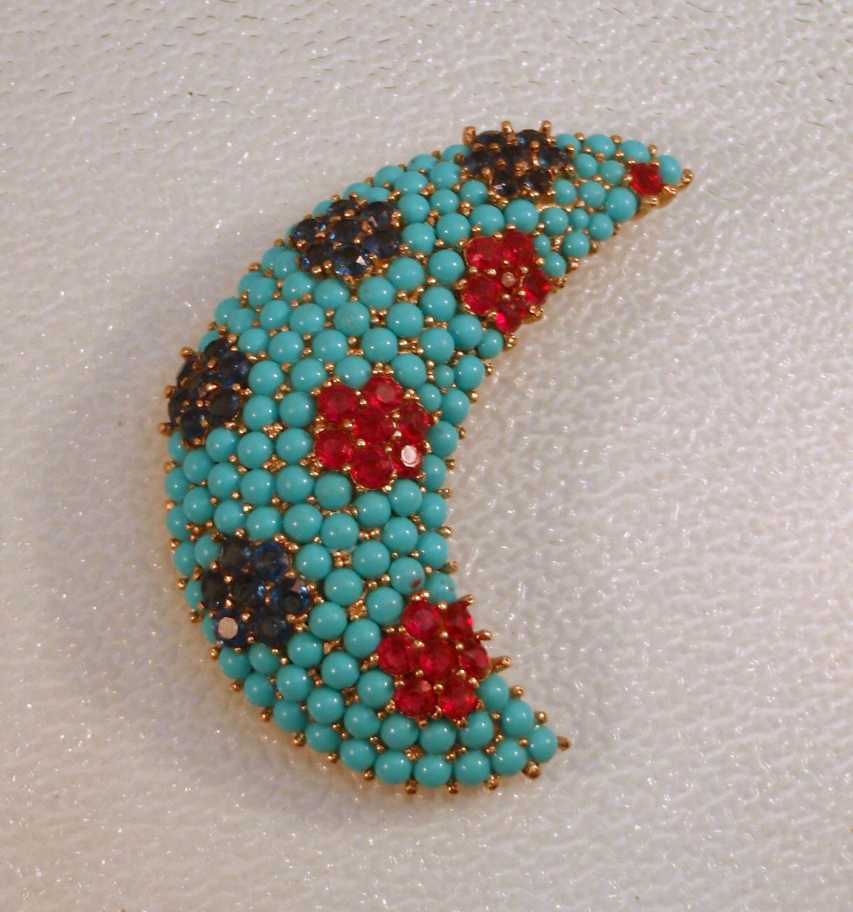 Crown Trifari 1940s Crescent Pin with Turquoise Cabochons Sapphire Blue and Ruby Red Rhinestones