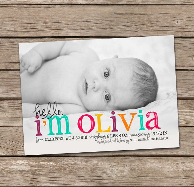 Birth Announcement : Hello Olivia Baby Girl Custom Photo Birth Announcement