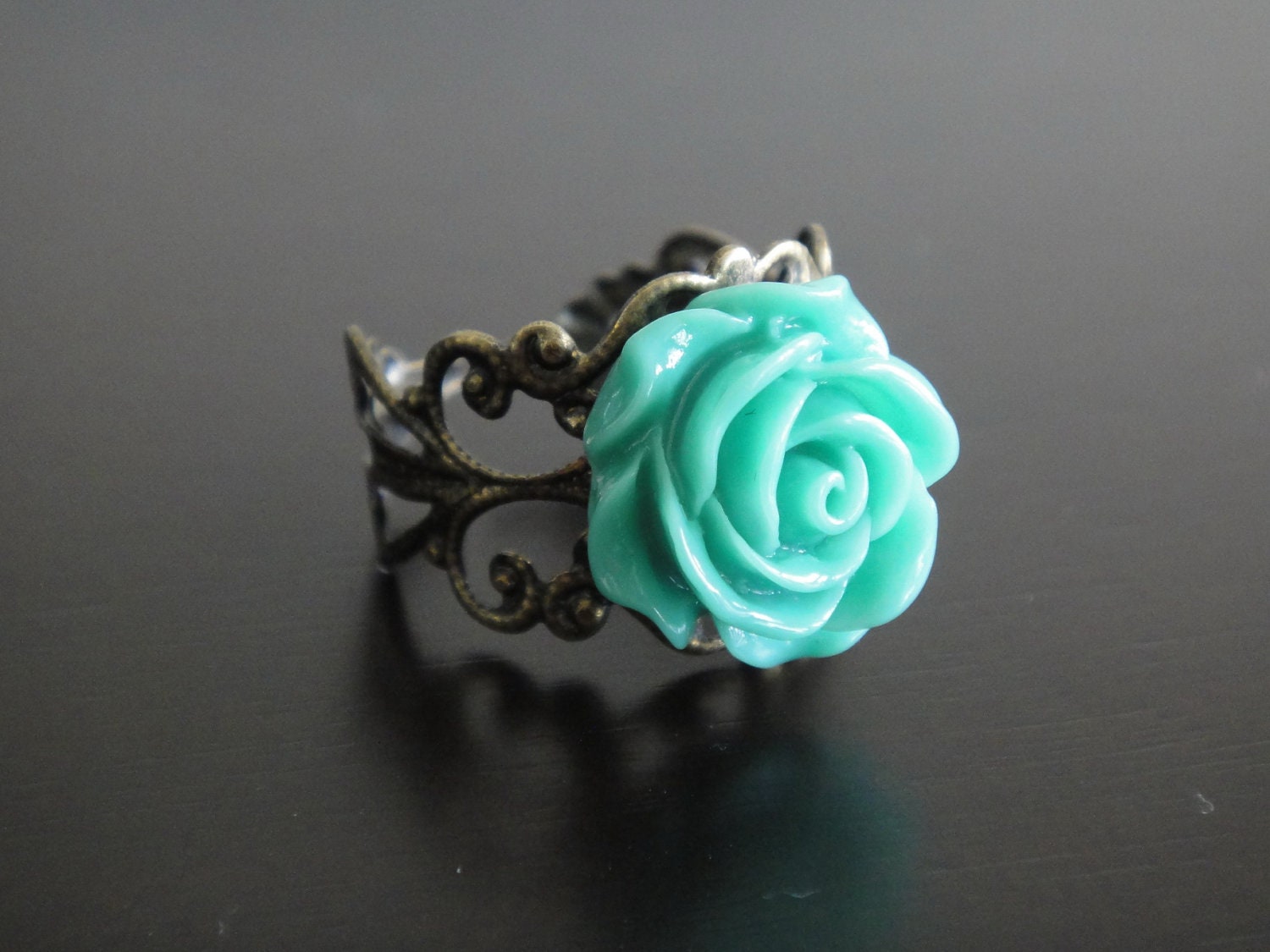 Teal Rose Flower Ring