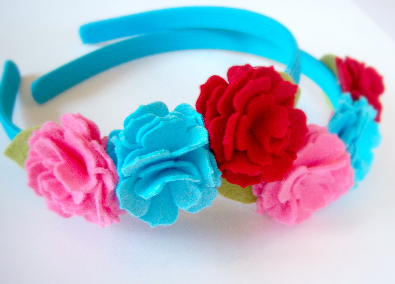 Wool Felt Carnation Trio Headband  - Red, Turquoise and Bubble Gum Pink - Garland