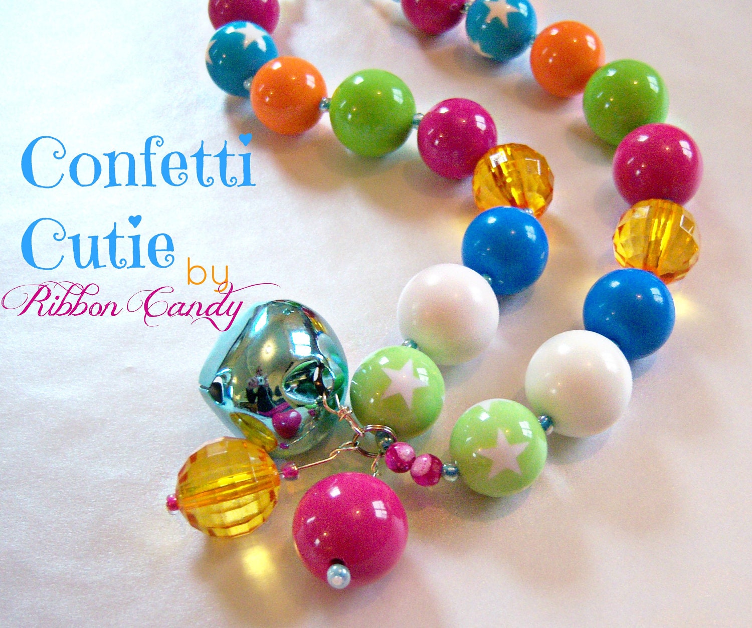Confetti Cutie Chunky Necklace for Girls - Aqua Jingle Bell - Multicolor Rainbow, Birthday Necklace, toddler jewelry