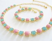 Pink and Mint Green Rhinestone Gold Chain Necklace - Mint Green Glass Opal Rhinestone Milky Pink Glass Jewel Chain Necklace