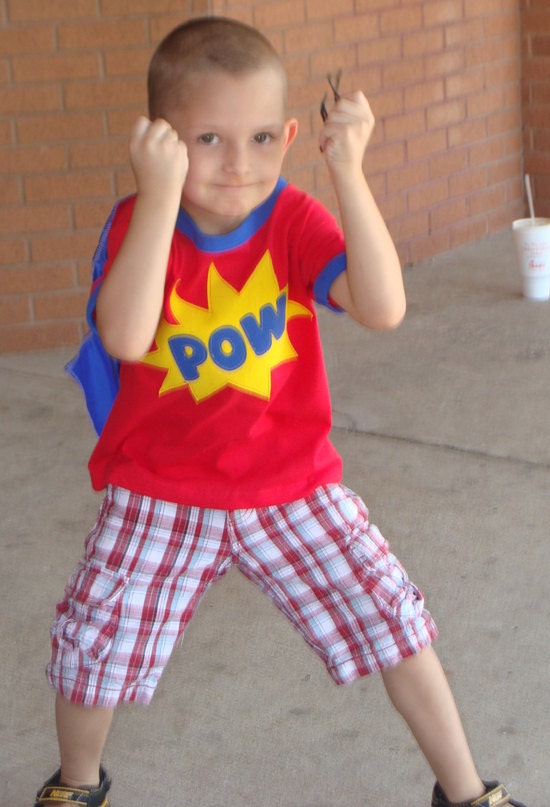 Super Hero Comic POW Boys Custom Applique Shirt With Removable Cape