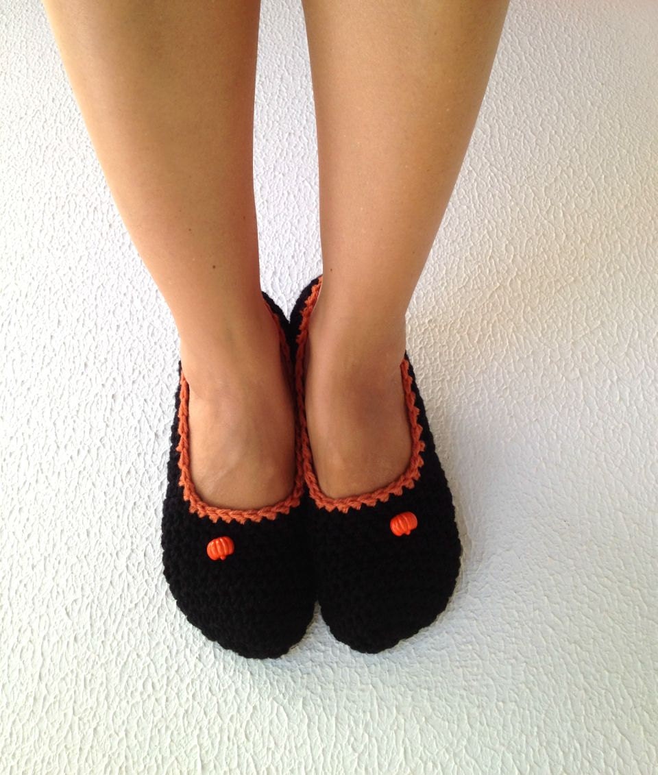 Halloween Tangerine tango Black Crochet Womens Slippers, Ballet Flats, House Shoes