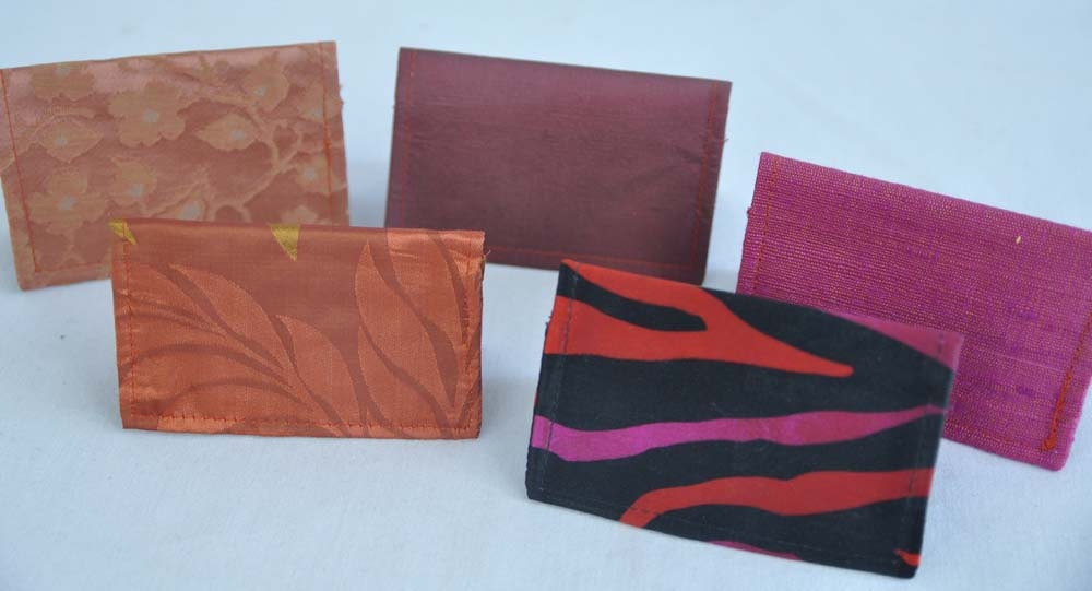 Eco Women's Card Cases or Wallets from Upcycled Red Pink Orange Silk Monogrammed Personalized