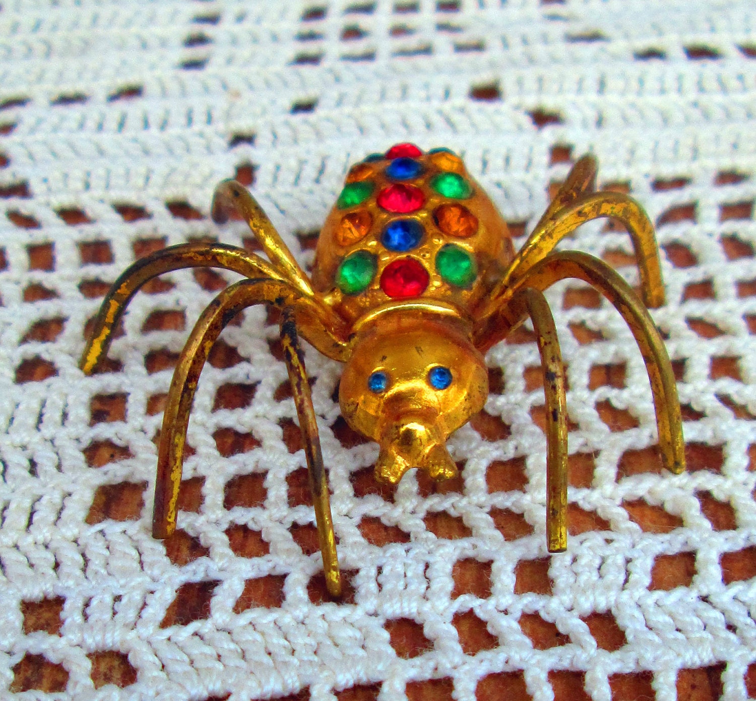 Antique Spider Insect Brooch Brass with Rhinestones C clasp OLD