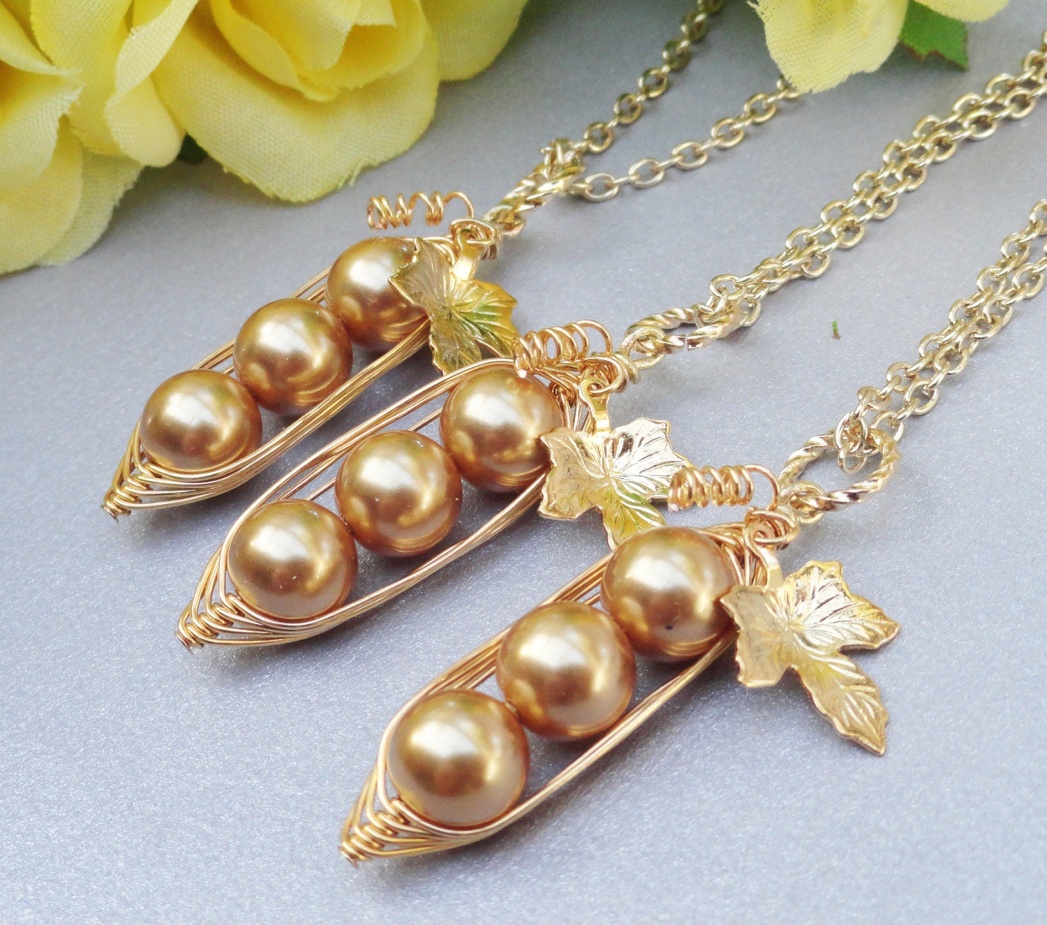 Set of 3 Three Peas In A Pod Necklaces - BFF, Best Friends, Bridesmaids or Family