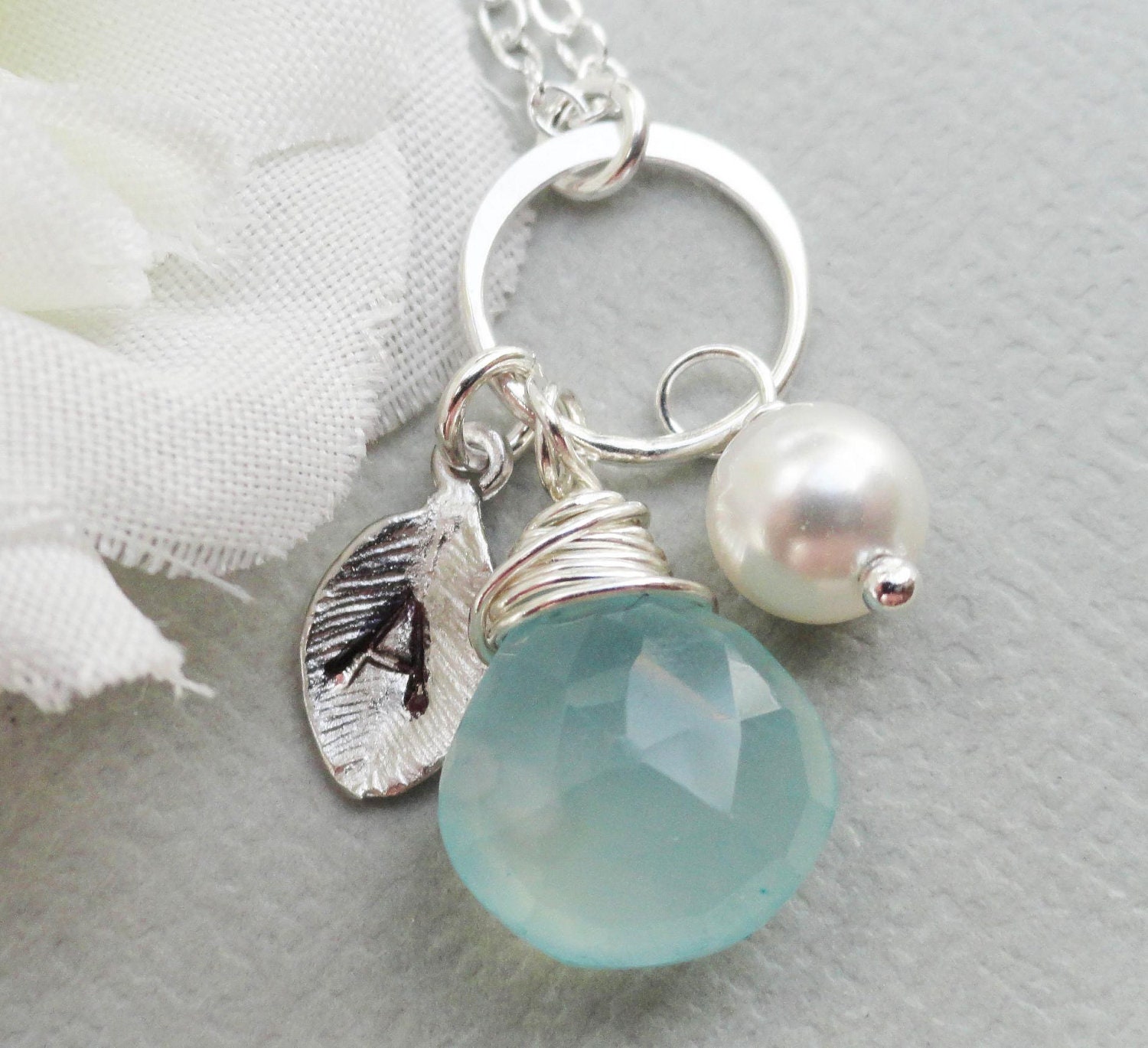 Personalized Necklace With Aqua Blue Chalcedony Sterling Silver Bridal Party, Wedding, Monogram Necklace