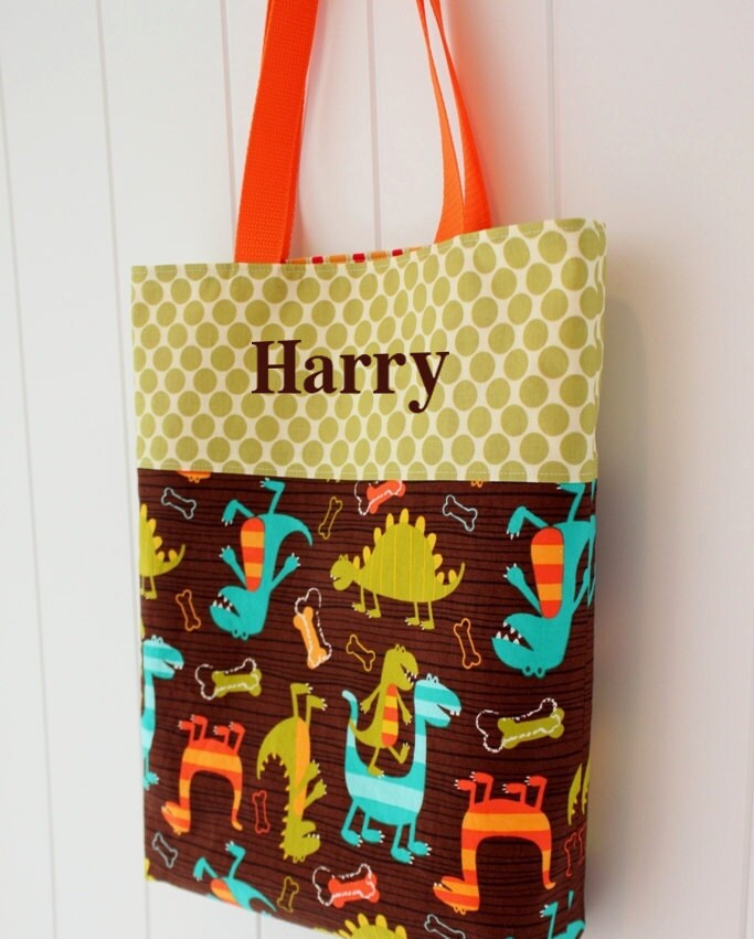 Items similar to MONOGRAMMED Dino Toddler Preschool Tote Bag with FREE PERSONALIZATION on Etsy