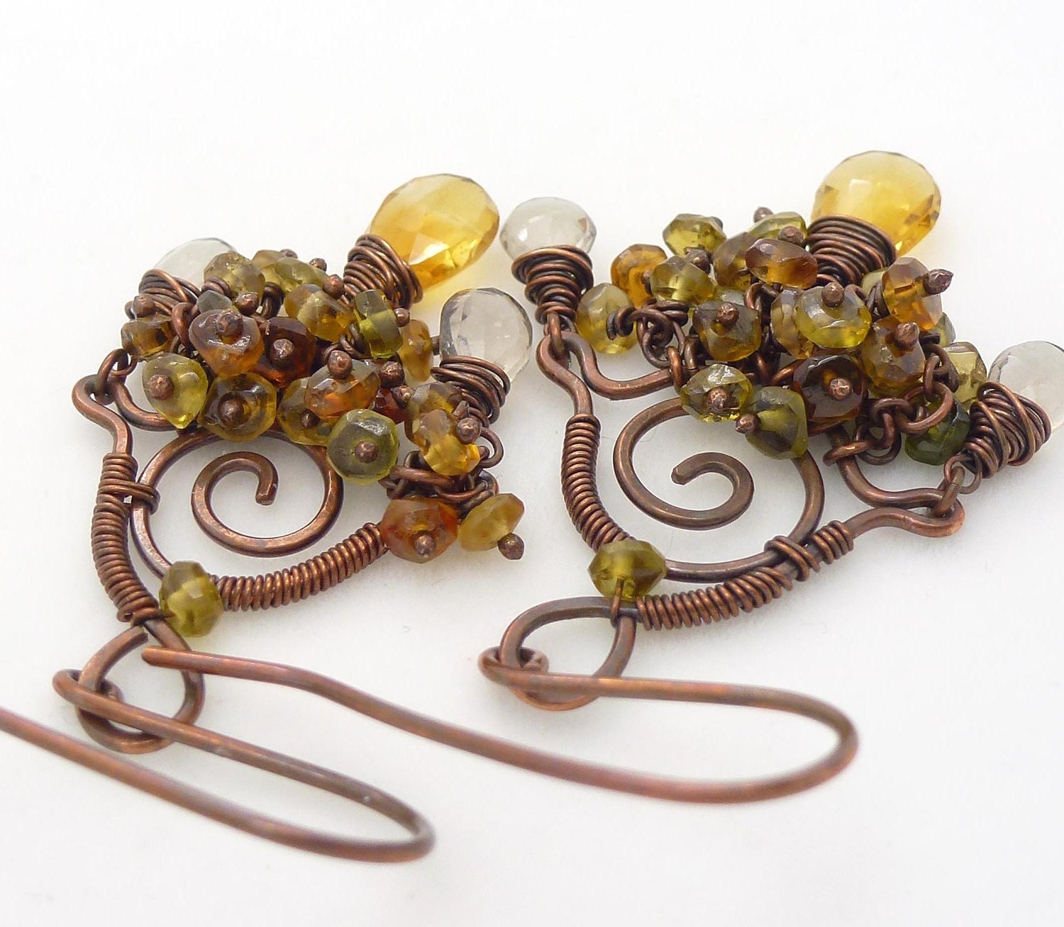 Copper earrings, autumn jewelry, brown yellow citrine earrings, copper chandelier earrings, wire wrap copper jewelry - CreativityJewellery