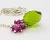 Pink and Lime green necklace, Sterling silver, Pink and Green quartz cluster necklace