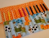 Fabric pencil roll - Cows on aqua by Ann Kelle