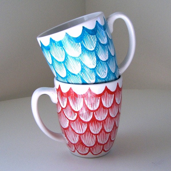 Ceramic Coffee Mug Set Painted Turquoise Blue Red Scallops Scales Nautical His and Hers Cups Mug with Handle - Ready to Ship