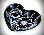 Poppies Heart Dish Flowers Black White Painted Botanicals Nature Jewelry Holder Home Decor - READY TO SHIP