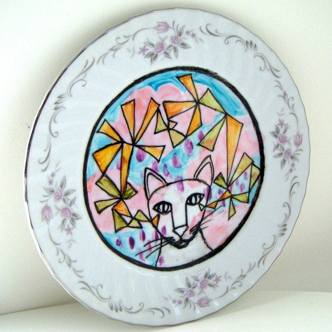 Ceramic Plate Cat Rain Clouds Geometric Orange Triangles Turquoise blue Metallic Pink Decorative Hand Painted Upcycled - READY TO SHIP